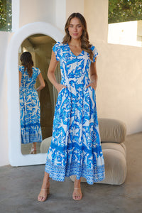 Augustina Button Blue White Bold Print Maxi Dress