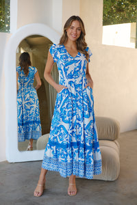 Augustina Button Blue White Bold Print Maxi Dress