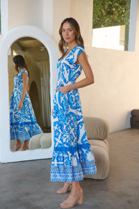 Augustina Button Blue White Bold Print Maxi Dress