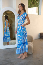 Load image into Gallery viewer, Augustina Button Blue White Bold Print Maxi Dress