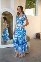 Load image into Gallery viewer, Augustina Button Blue White Bold Print Maxi Dress