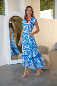 Augustina Button Blue White Bold Print Maxi Dress