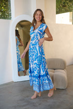 Load image into Gallery viewer, Augustina Button Blue White Bold Print Maxi Dress