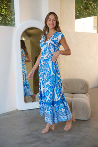 Augustina Button Blue White Bold Print Maxi Dress