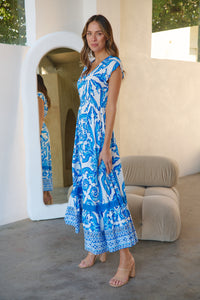 Augustina Button Blue White Bold Print Maxi Dress