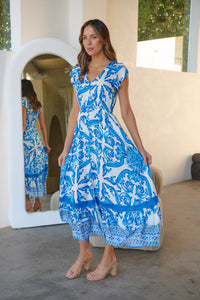 Augustina Button Blue White Bold Print Maxi Dress