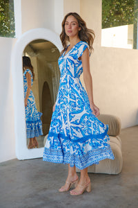 Augustina Button Blue White Bold Print Maxi Dress