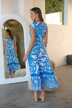 Load image into Gallery viewer, Augustina Button Blue White Bold Print Maxi Dress