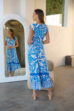 Load image into Gallery viewer, Augustina Button Blue White Bold Print Maxi Dress