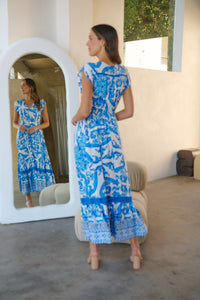 Augustina Button Blue White Bold Print Maxi Dress
