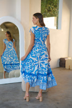 Load image into Gallery viewer, Augustina Button Blue White Bold Print Maxi Dress