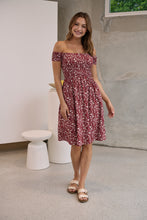 Load image into Gallery viewer, Soleil Shirred Red Floral Off Shoulder Midi Dress