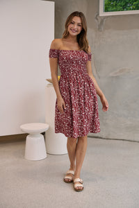 Soleil Shirred Red Floral Off Shoulder Midi Dress