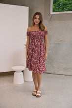 Load image into Gallery viewer, Soleil Shirred Red Floral Off Shoulder Midi Dress