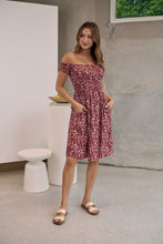 Load image into Gallery viewer, Soleil Shirred Red Floral Off Shoulder Midi Dress