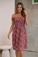 Load image into Gallery viewer, Soleil Shirred Red Floral Off Shoulder Midi Dress