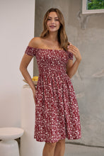Load image into Gallery viewer, Soleil Shirred Red Floral Off Shoulder Midi Dress