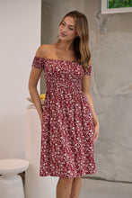 Load image into Gallery viewer, Soleil Shirred Red Floral Off Shoulder Midi Dress