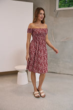 Load image into Gallery viewer, Soleil Shirred Red Floral Off Shoulder Midi Dress