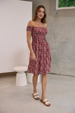 Load image into Gallery viewer, Soleil Shirred Red Floral Off Shoulder Midi Dress