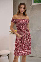 Load image into Gallery viewer, Soleil Shirred Red Floral Off Shoulder Midi Dress