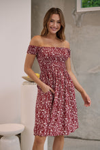 Load image into Gallery viewer, Soleil Shirred Red Floral Off Shoulder Midi Dress