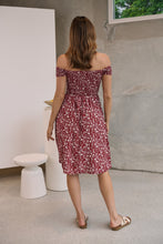 Load image into Gallery viewer, Soleil Shirred Red Floral Off Shoulder Midi Dress