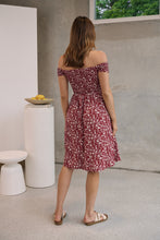 Load image into Gallery viewer, Soleil Shirred Red Floral Off Shoulder Midi Dress