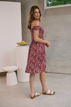 Load image into Gallery viewer, Soleil Shirred Red Floral Off Shoulder Midi Dress