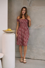 Load image into Gallery viewer, Soleil Shirred Red Floral Off Shoulder Midi Dress