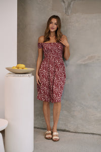 Soleil Shirred Red Floral Off Shoulder Midi Dress
