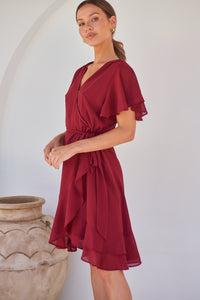 Zahara Chiffon Plum Red Cross Over Tie Waist Evening Dress