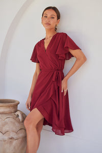 Zahara Chiffon Plum Red Cross Over Tie Waist Evening Dress