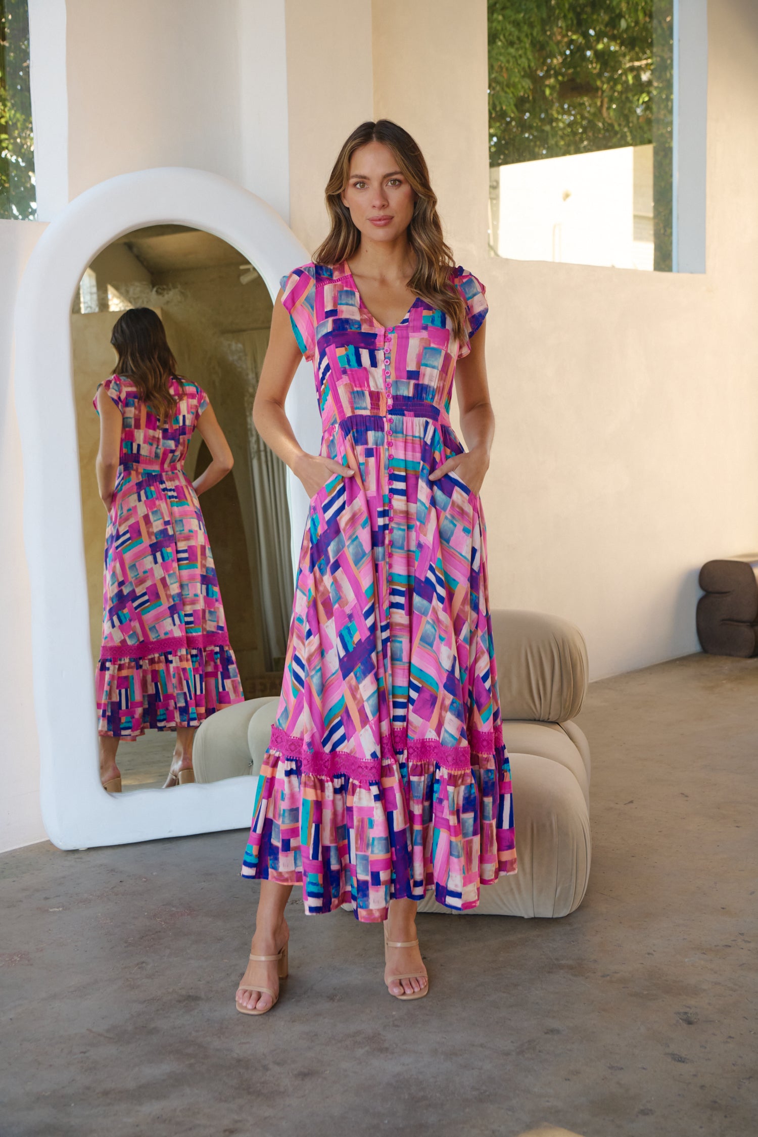 Augustina Fuschia/Blue Block Print Dress