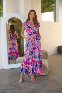 Augustina Fuschia/Blue Block Print Dress