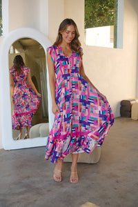 Augustina Fuschia/Blue Block Print Dress