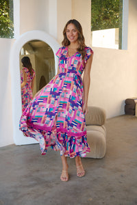 Augustina Fuschia/Blue Block Print Dress
