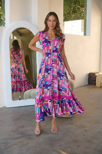 Augustina Fuschia/Blue Block Print Dress