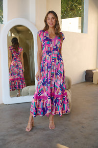 Augustina Fuschia/Blue Block Print Dress