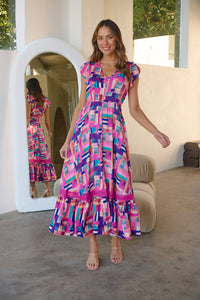 Augustina Fuschia/Blue Block Print Dress
