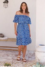 Load image into Gallery viewer, Bastille Blue/White Print Off Shoulder Dress