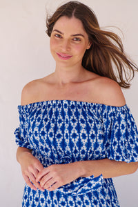 Bastille Blue/White Print Off Shoulder Dress