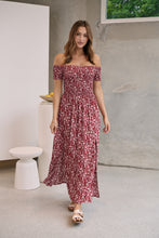 Load image into Gallery viewer, Gigi Off Shoulder Red Ditsy Print Shirred Maxi Dress