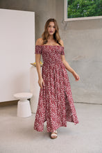 Load image into Gallery viewer, Gigi Off Shoulder Red Ditsy Print Shirred Maxi Dress