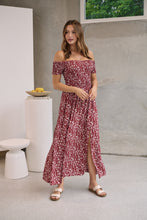 Load image into Gallery viewer, Gigi Off Shoulder Red Ditsy Print Shirred Maxi Dress