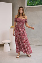 Load image into Gallery viewer, Gigi Off Shoulder Red Ditsy Print Shirred Maxi Dress