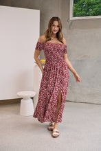 Load image into Gallery viewer, Gigi Off Shoulder Red Ditsy Print Shirred Maxi Dress