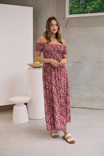 Load image into Gallery viewer, Gigi Off Shoulder Red Ditsy Print Shirred Maxi Dress