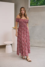 Load image into Gallery viewer, Gigi Off Shoulder Red Ditsy Print Shirred Maxi Dress