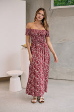 Load image into Gallery viewer, Gigi Off Shoulder Red Ditsy Print Shirred Maxi Dress